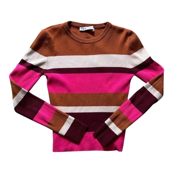 Zara Striped Ribbed Knit Sweater Multicolor Pink Brown Maroon Cream Size M - Picture 2 of 8